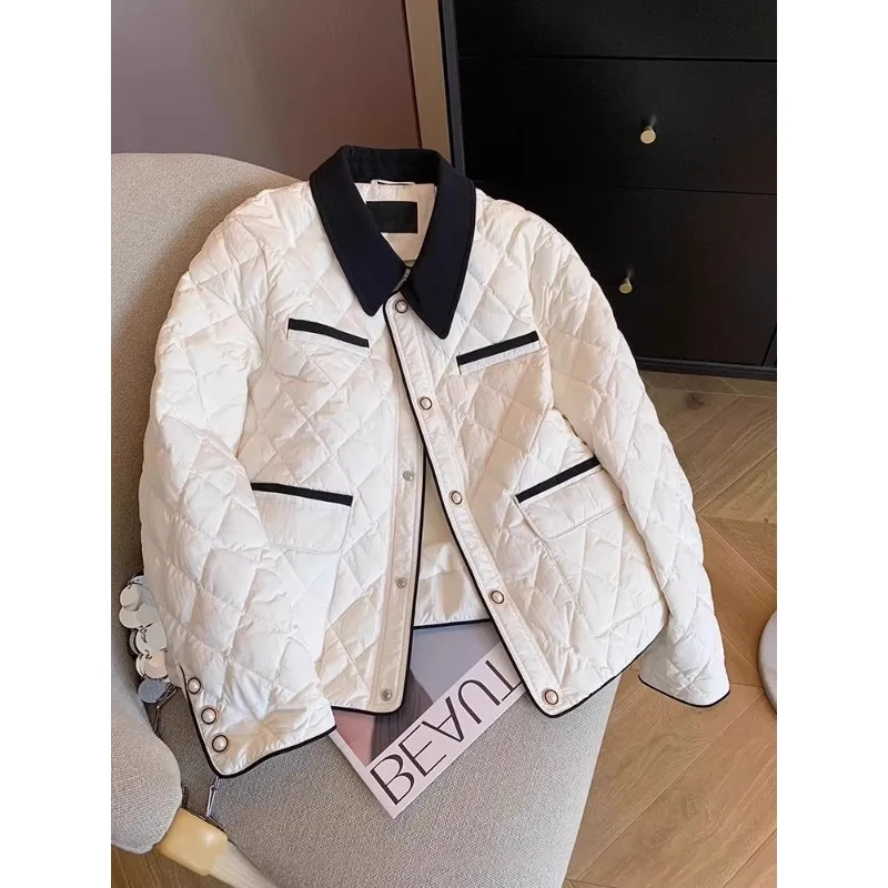 

plus Size Contrast Color Collar Diamond Pattern Women's Cotton Jaet Autumn Winter Loose Slimming Warmth Outerwear