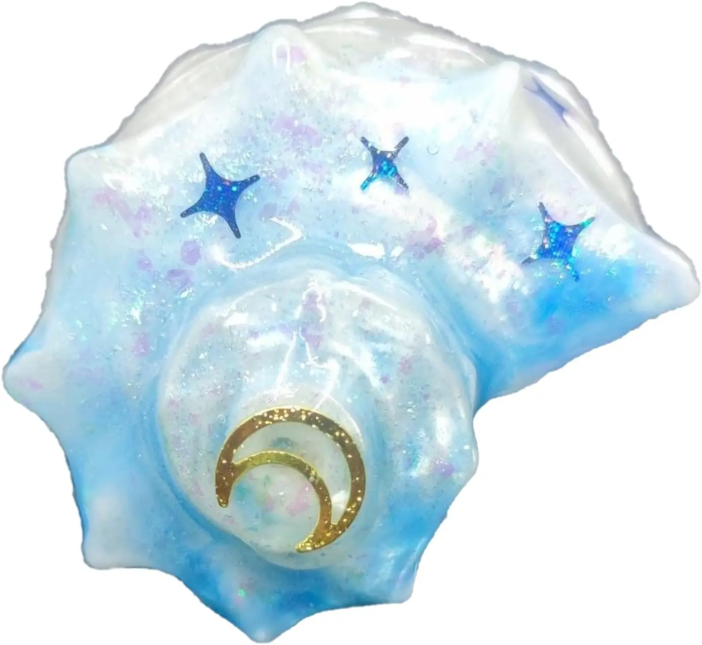 

Handcrafted Hermit Crab Shell, with 0.6-inch Opening,Night Sky Design with Stars and Moon, Iridescent Blue
