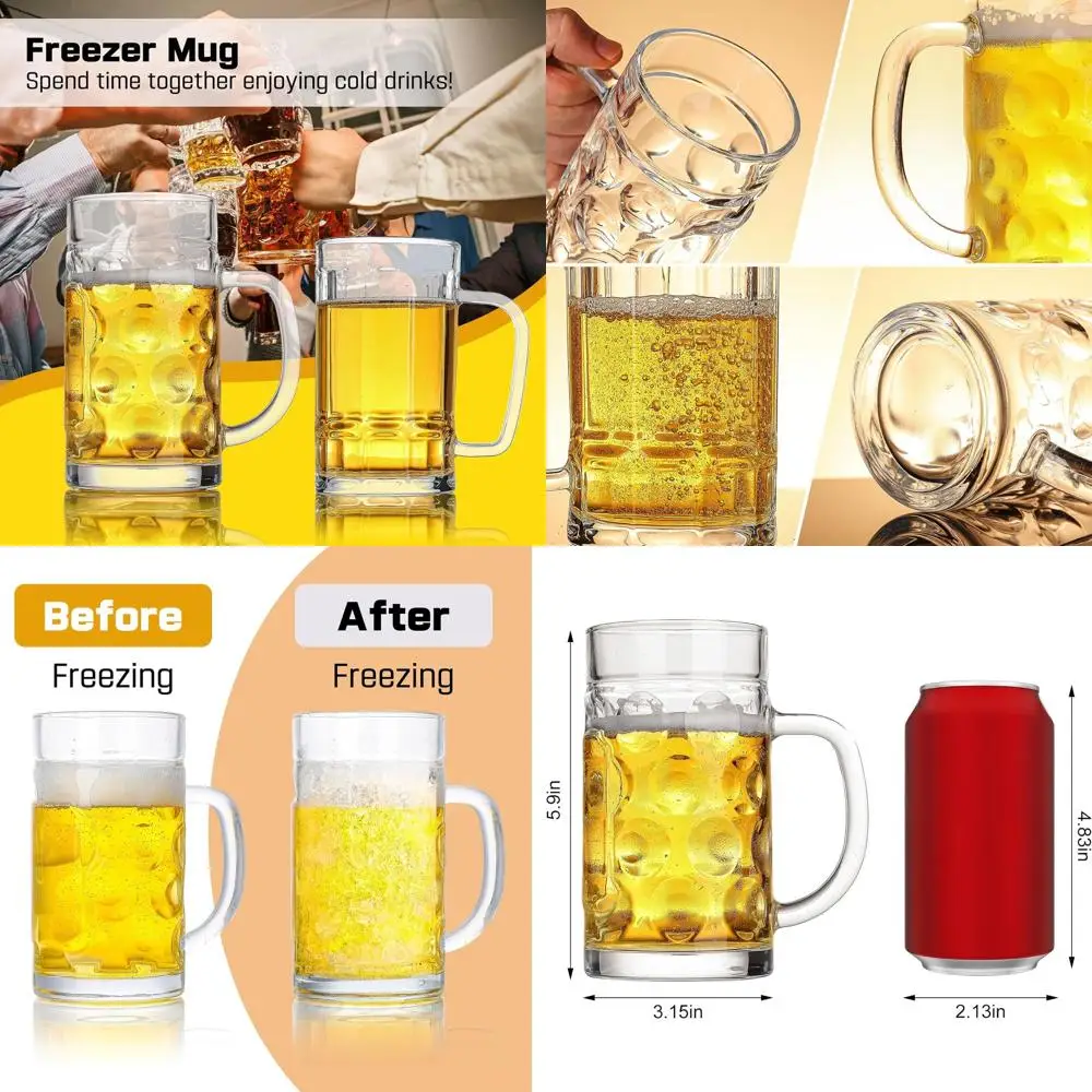 

Set of 4 Heavy-Duty Large Glass Mugs with Handle for Beer, Water, and Drinks - Ideal for Pubs and Home