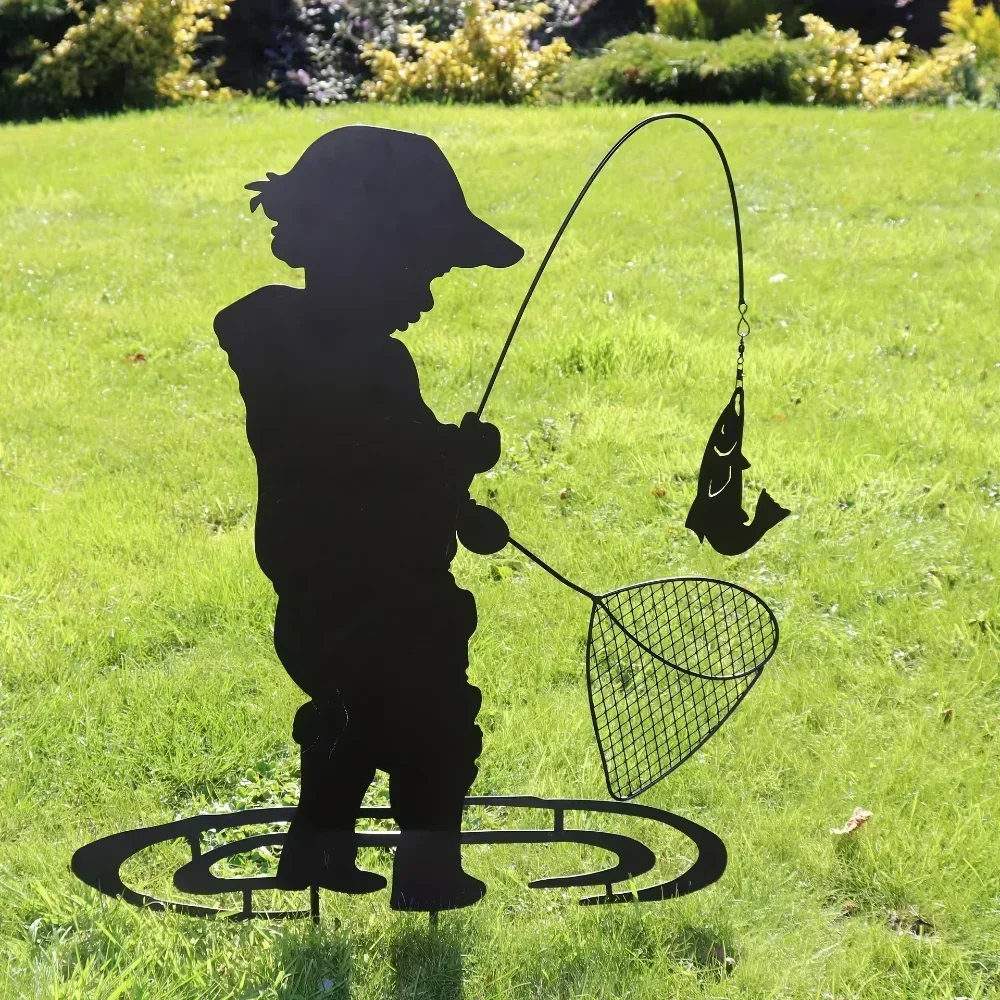 

Metal boy fishing silhouette garden floor black outdoor courtyard art decoration lawn path backyard decoration