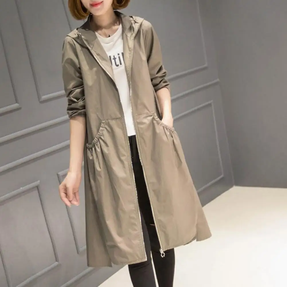 Mid-length Windbreaker Stylish Women\'s Hooded Windbreaker with Zipper Placket Pockets Spring/autumn Long Trench Coat for Women