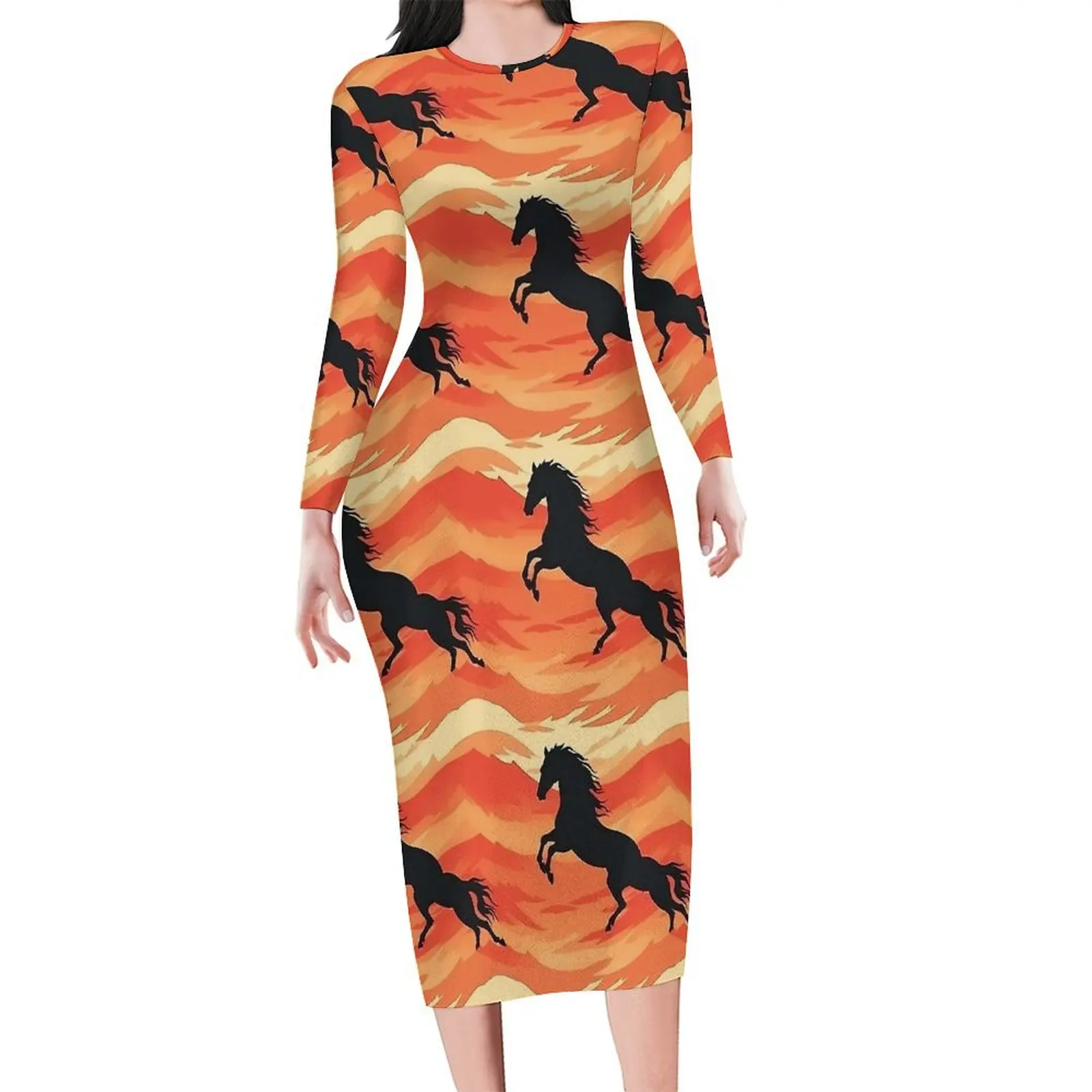 Feuer Pferd Kleid Langarm Retro Pferd Liebe Streetwear Kleider Herbst Nette, Figurbetontes Kleid Frauen Grafik Übergroßen Vestido