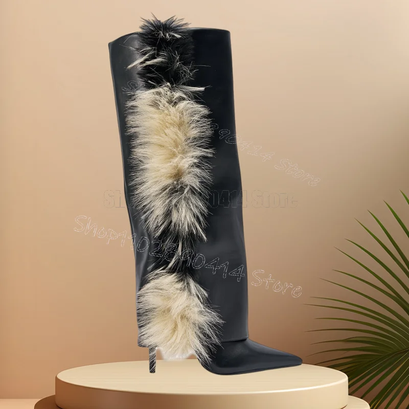 Gradient Color Fur Black Turned Over Boots Slip On Women Shoes Thin High Heels Pointed Toe Feast Dating 2026 Zapatos Para Mujere