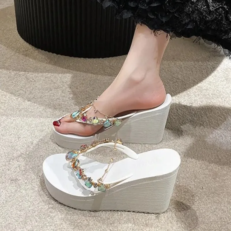 

9CM Women's Shoes 2026 Fashion Wedge Heel Slippers Exquisite Rhinestone Casual Shoes for Woman Designer Flip Flops Zapatos Mujer