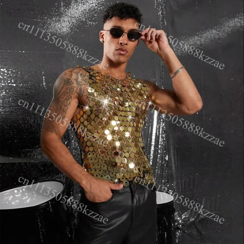 Sparkling Diamond Cut-Out See-Through Vest For Men - New Summer Style Sexy Nightclub Party Fishnet Beaded Outerwear Top