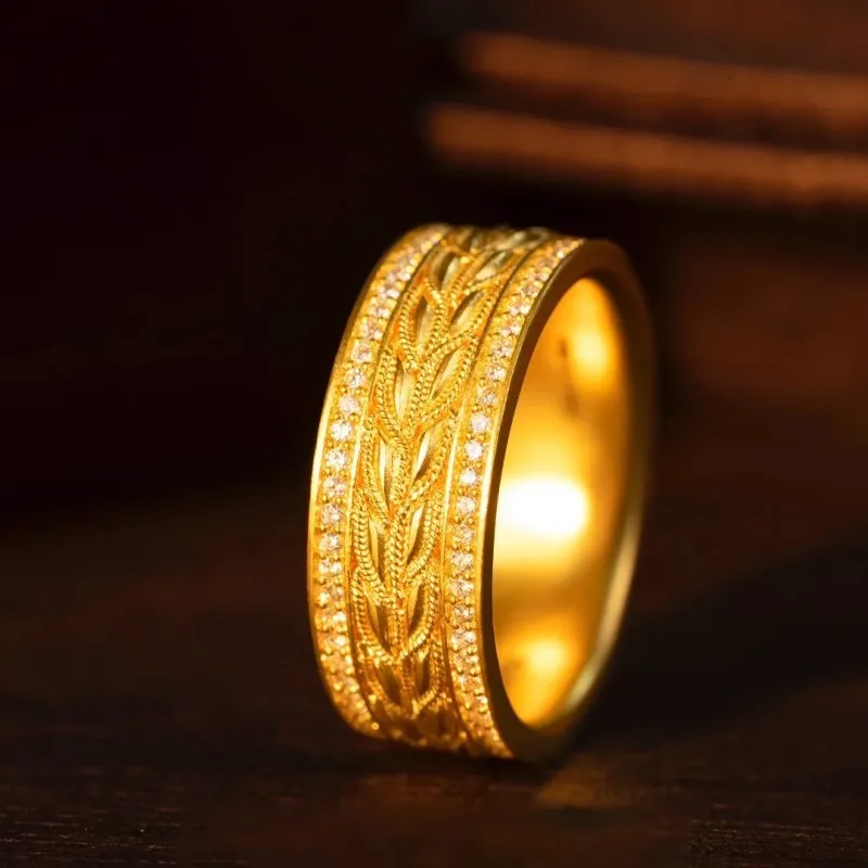 Luxury 999 24K Real Gold Wheat Ears Inlaid Diamond Ring Ancient Method Weaving Index Finger Ring Wealth Rolling Ring Accessories