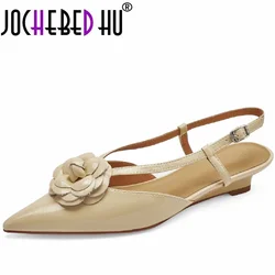 【JOCHEBED HU】New Summer Women Shoes Brand Genuine Leather Pointed Toe Sandals flower Chunky Heel Shoes for