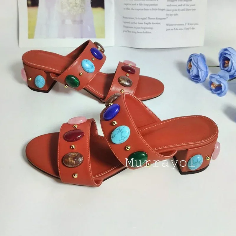 New Rhinestone Decor High Heels Slippers Women's Genuine Leather One Strap Square Heels Sandals Summer Dress Shoes Pumps