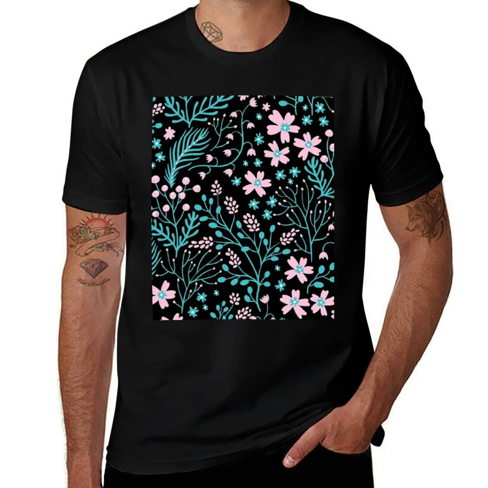 Pink and Teal Floral Pattern T-Shirt anime tshirt korean fashion boys animal print anime mens t shirt graphic