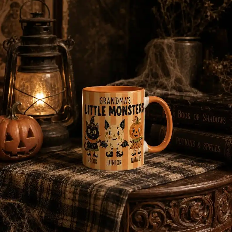 Personalized Grandchildren Halloween Mug Water Cups Custom Grandma Little Monsters Cup Design Names Fall Spooky Gift Ceramic Mug