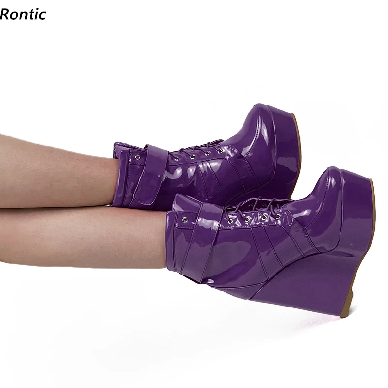 

Женские ботильоны на платформе Rontic, лакированные полусапожки унисекс, на танкетке, с круглым носком, фиолетовые, красные, для косплея, размеры 5-20, для зимы