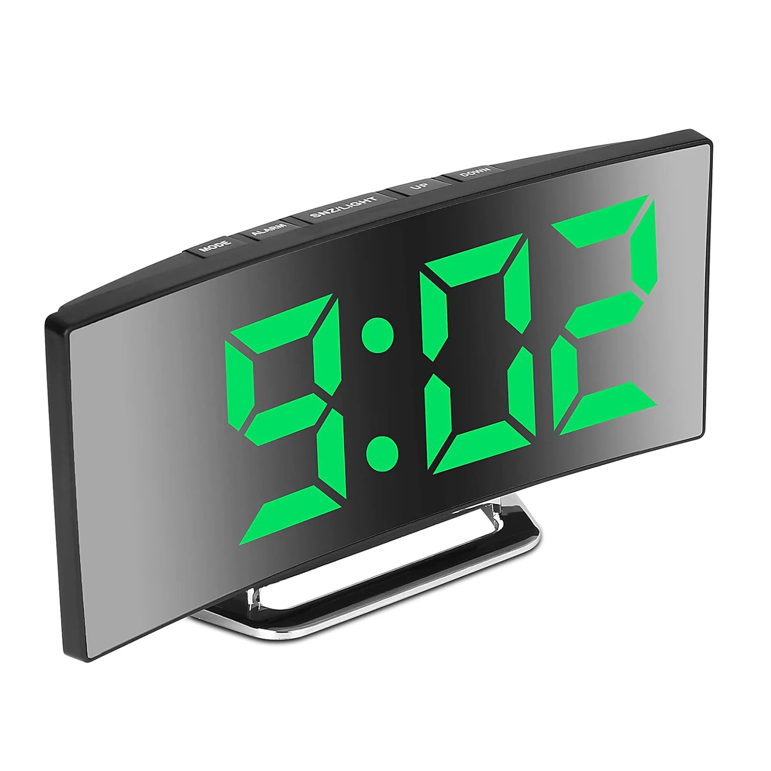 LED Alarm Clock 7'' Mirror Electronic Clock Large Scree Curved Digital Alarm Clock with 5-Min Snooze for Home Bedroom Office