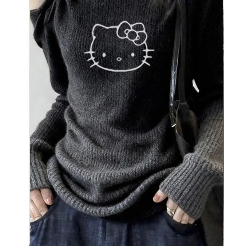 

Женский трикотажный топ Sanrio Hello Kitty с открытыми плечами, трикотажный топ для женщин больших размеров, новая модная осенне-зимняя мода премиум-класса, модный европейский стиль