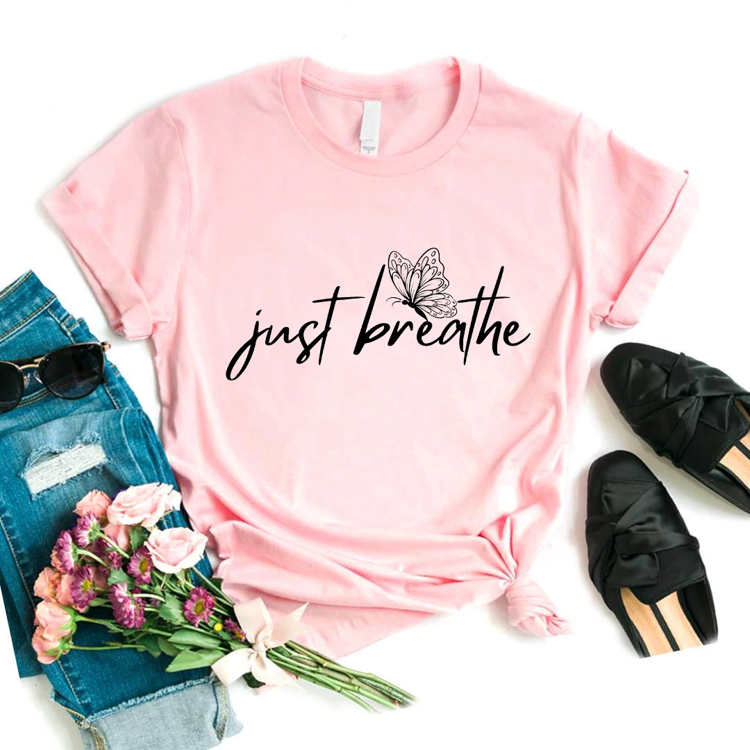 

Just Breathe Butterfly Graphic Printed T Shirt Girls Meditation Yoga Tshirt Women Art Aesthetics T-Shirt Femme Summer Tops Tee