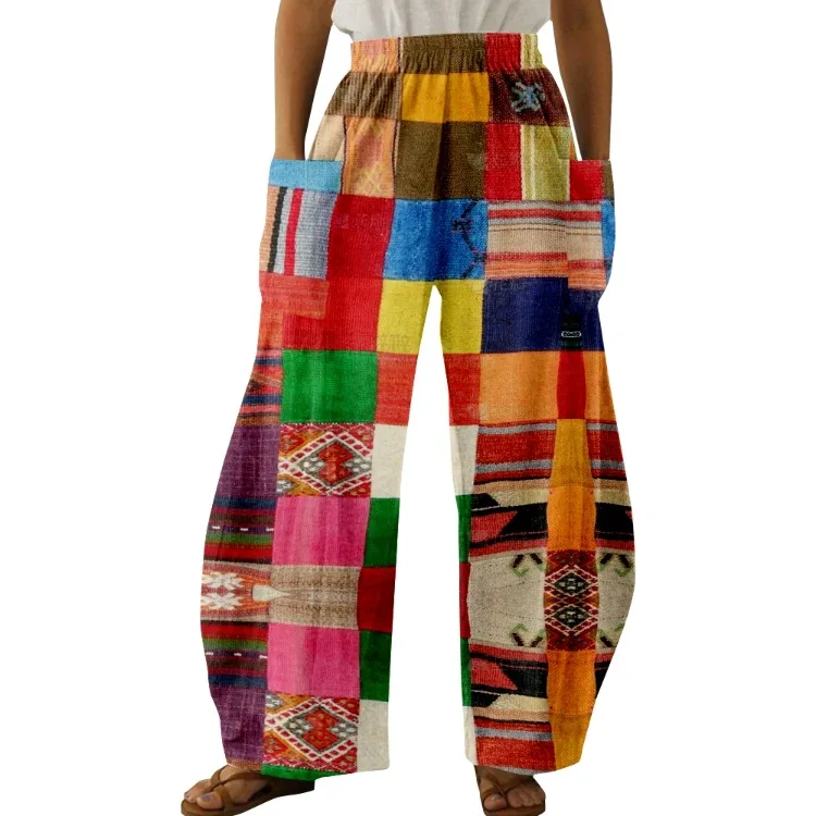 Damen Plaid Muster drucken weites Bein Hosen Vintage Farbe Blumen Sommer hose lustige klassische Taschen Hosen plus Größe Streetwear – Detail 2