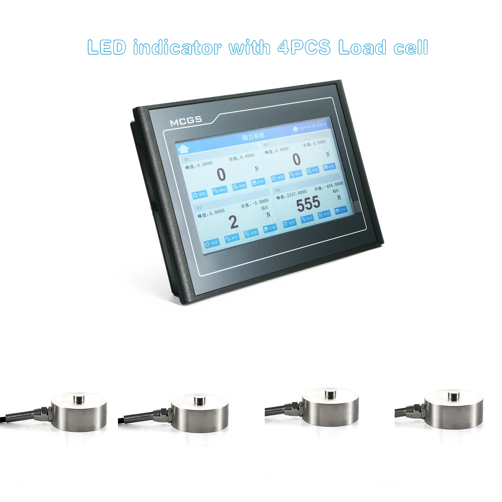 Four-Channel Force Meter Display Indicator with 4 X Load Cells Test Compression Force Weight Pressure Sensor LED Touch Operation