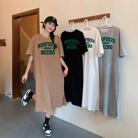 인기있는 간단한 영어 인쇄 반팔 여성 출산 복장 여름 느슨한 라운드 넥 홈웨어