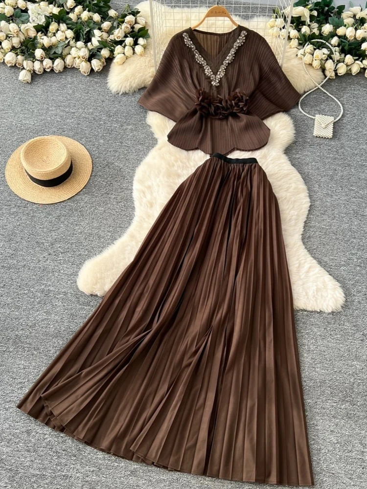 EGRM Elegant Rhinestone Pleated Skirt Sets Slim Party Club Vintage Dress American Fashion Women Clothes Two Piece Set 9R3018 image 5