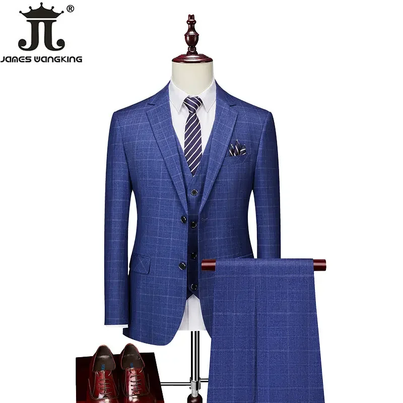 

High-end Brand Classic Blue or Gray Plaid Men's Casual Business Suit Retro Official Suit Groom Wedding Dress Jacket Vest Pants