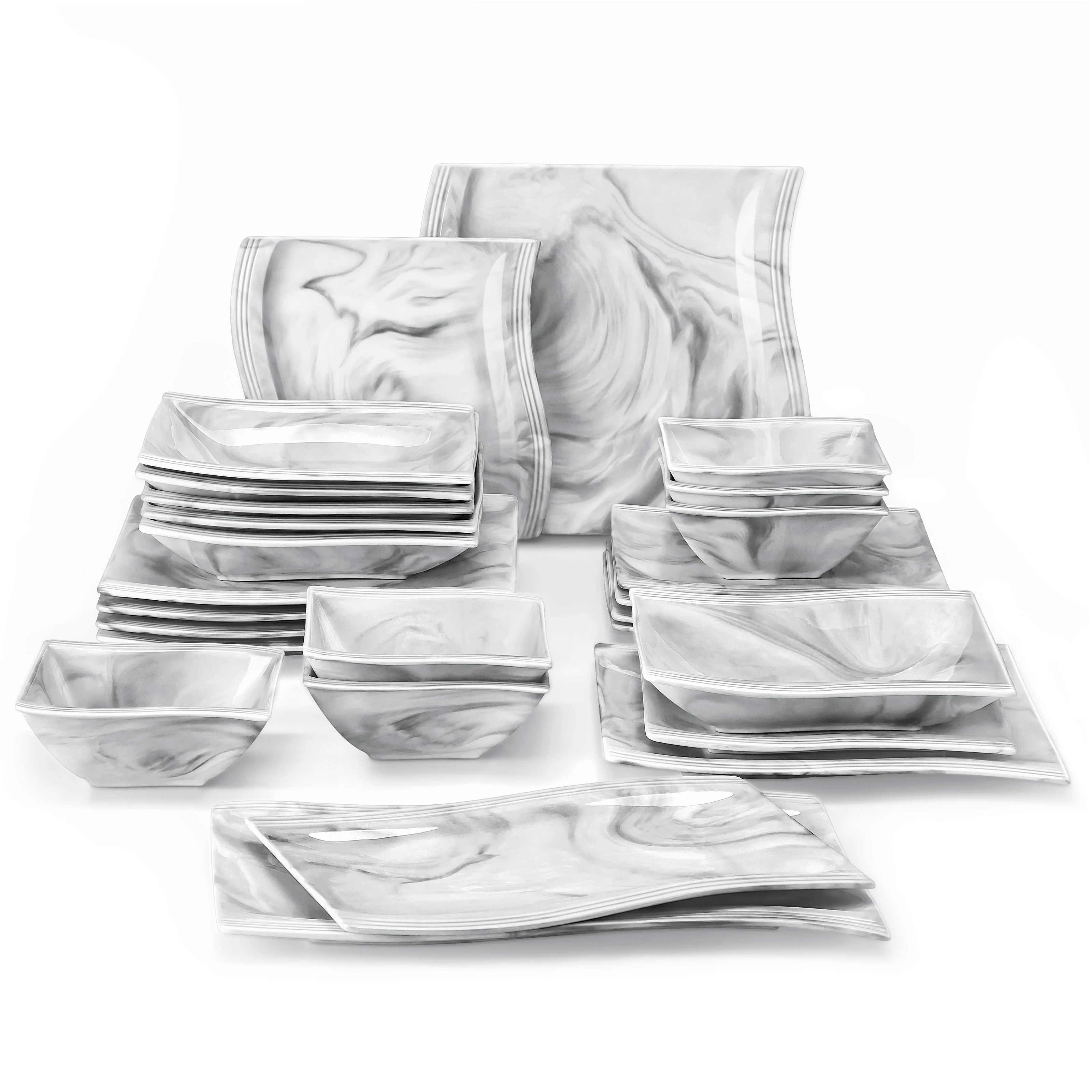 MALACASA Flora 26-teiliges Marmor-Grau Porzellan-Geschirrset, Tafelservice, Tellerset mit 6 Speisetellern, 6 Kuchentellern, 6 Suppentellern, 6 Schüsseln und 2 Serviertellern