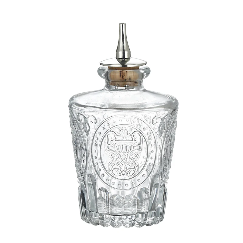 Cocktail Bitters Bottle - Vintage Glass Design with Cork and Stainless Steel Dasher Top -Professional Bar Set Accessory Tool