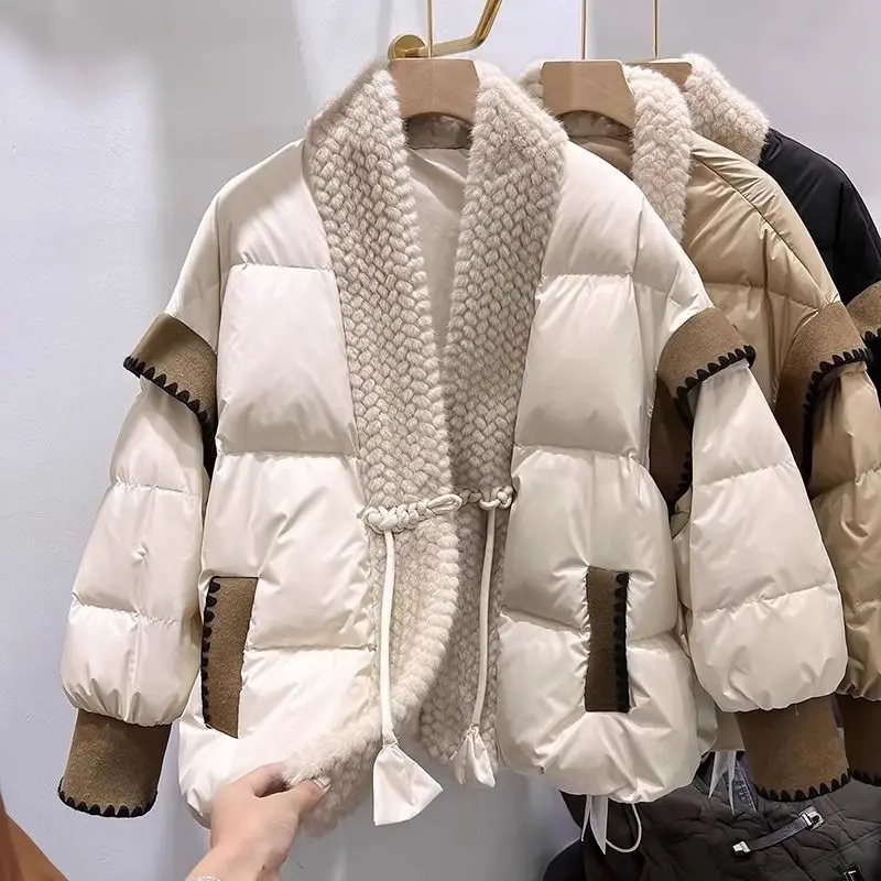 Luxury Fur Patchwork Jackets Winter Women\'s Clothing Parkas Warm Thickened Design Vintage Harajuku Coat Windproof Puffer Jacket