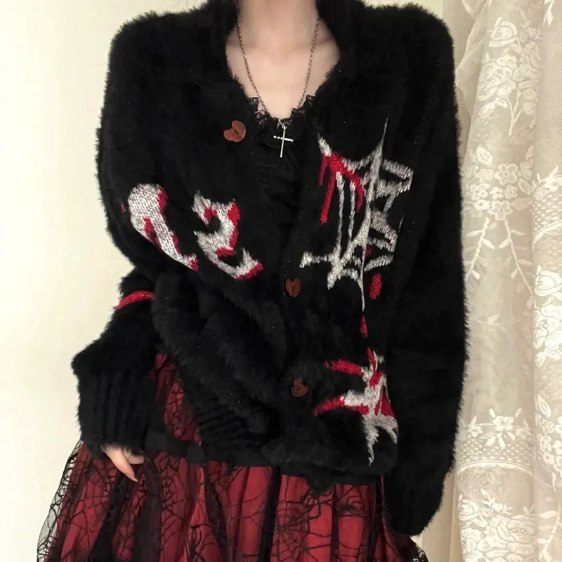 E-girls punk Subculture gothic embroidered Loose sweater Cardigan sweet cute casual vintage Harajuku y2k Aesthetic Dark sweater