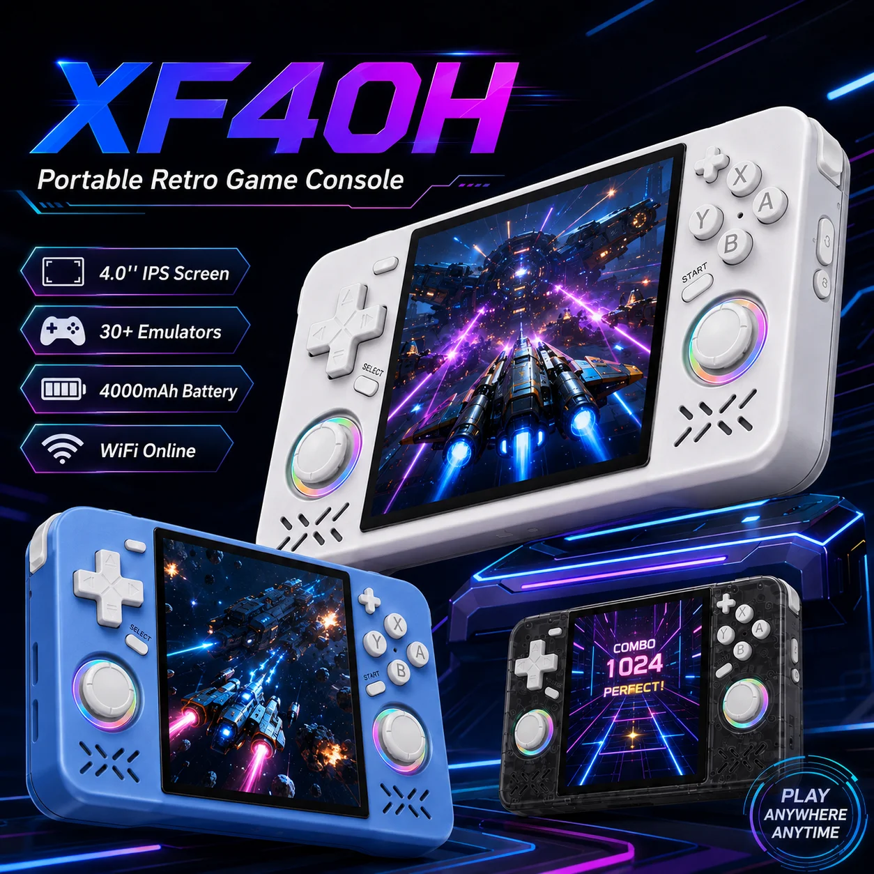 XF40H Handheld Game Console 4.0'' IPS Big Screen Pocket Video Player with 30+ Emulators 4000mAh Long Play Time for Adults
