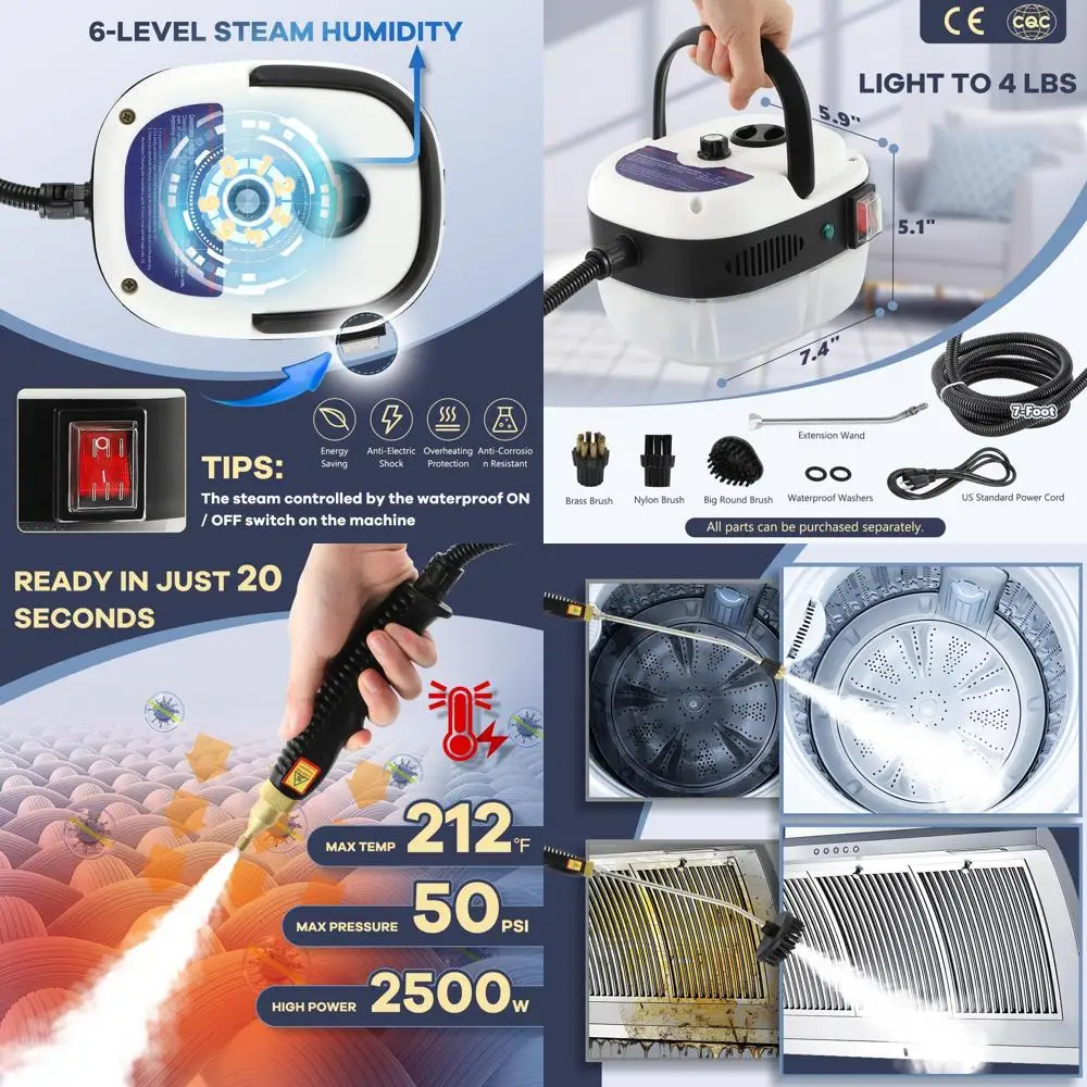 

Портативный пароочиститель высокой температуры 2500 Вт для ванной, кухни и детейлинга автомобилей (110 В, белый)