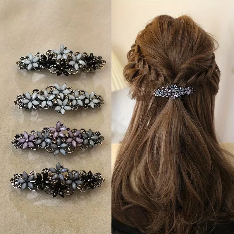 Vintage Elegante Federklemme, Haarspange aus Legierung, Strass-Pferdeschwanzklemme – Detail 5
