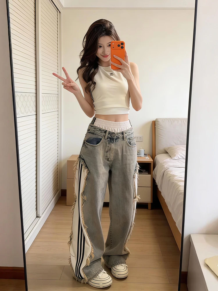 

Summer New Style Retro Korean Women's Outfit High Waist Jeans Tank Top Set Comfortable Loose Fit Short Sleeve round Neck