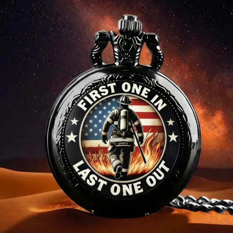 Exquisite Vintage Black Color Fireman Pattern Design Pocket Watch ,Mini Size Quartz Movement Watch,Gift for Men Female Kids