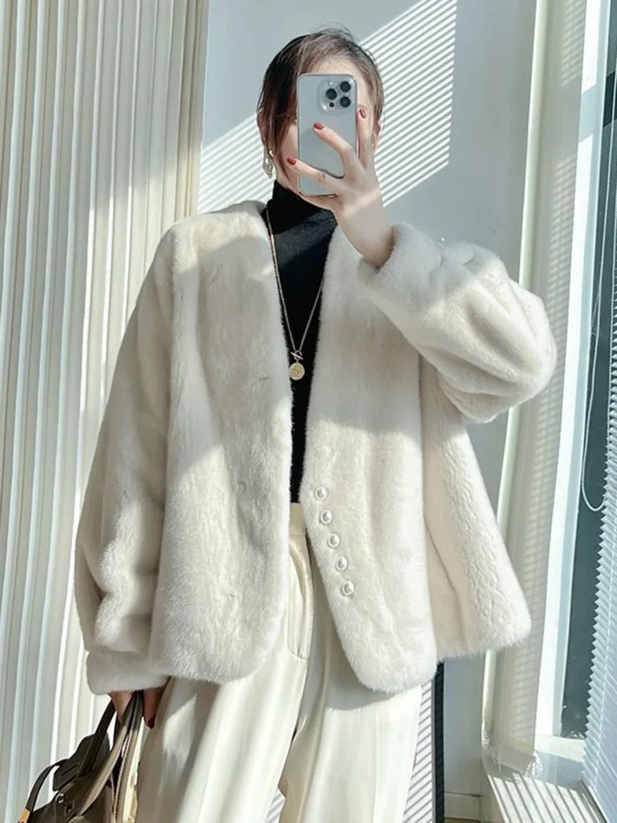 Imitation Mink Furry V-neck Fur Jackets Women Elegant Short Faux Fur Coat Ladies Casual Loose 2024 NEW Autumn Winter Outerwear