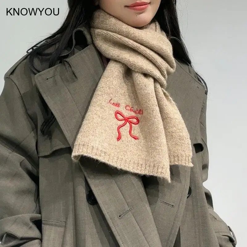 

Women Fashion Embroider Bow Scarf Knitted Scarves Wool Blend Scarf Autumn Winter Bufanda Girl Friend Echarpes Hijabs