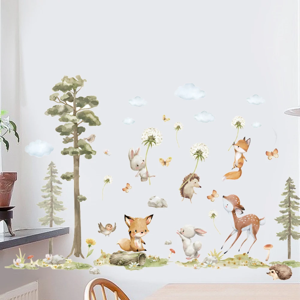Cute Cartoon Animal, Deer, Squirrel Forest Wall Stickers for Kids Bedroom Baby Room Decoration Wall Decals Room