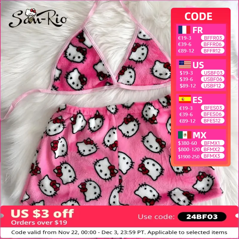 Hello Kitty Women's Pajamas Sanrio Pajama Set Shorts with Bra Soft Flannel Sleep Bottoms Women Pink Bra Homewear Two-Piece