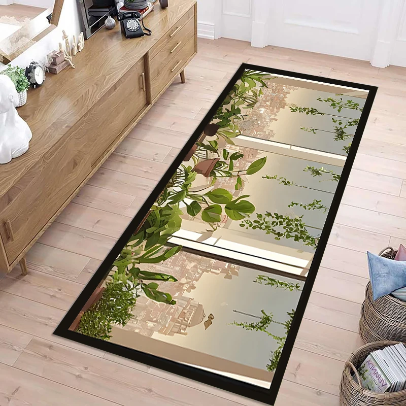 Ferns and Green Plants Printed Runner Rug Spring Vitality Decorative Carpet Living Room Bedroom Kitchen Entrance Non Slip Mat
