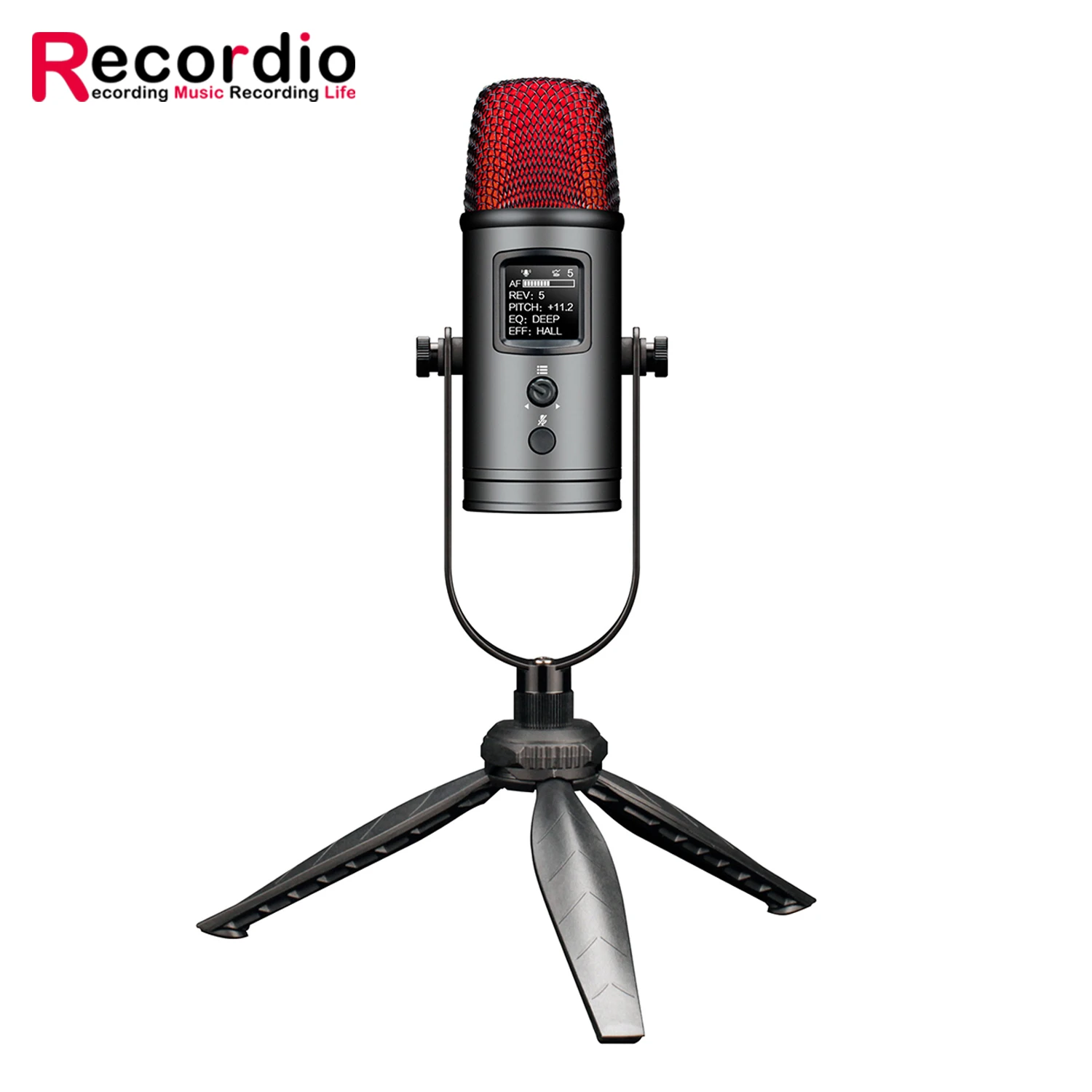 GAM-UK380 Cardioid Condenser Microphone Aluminum Alloy Body With Stable Tripod Stand Built-in OLED Display for Karaoke Recording