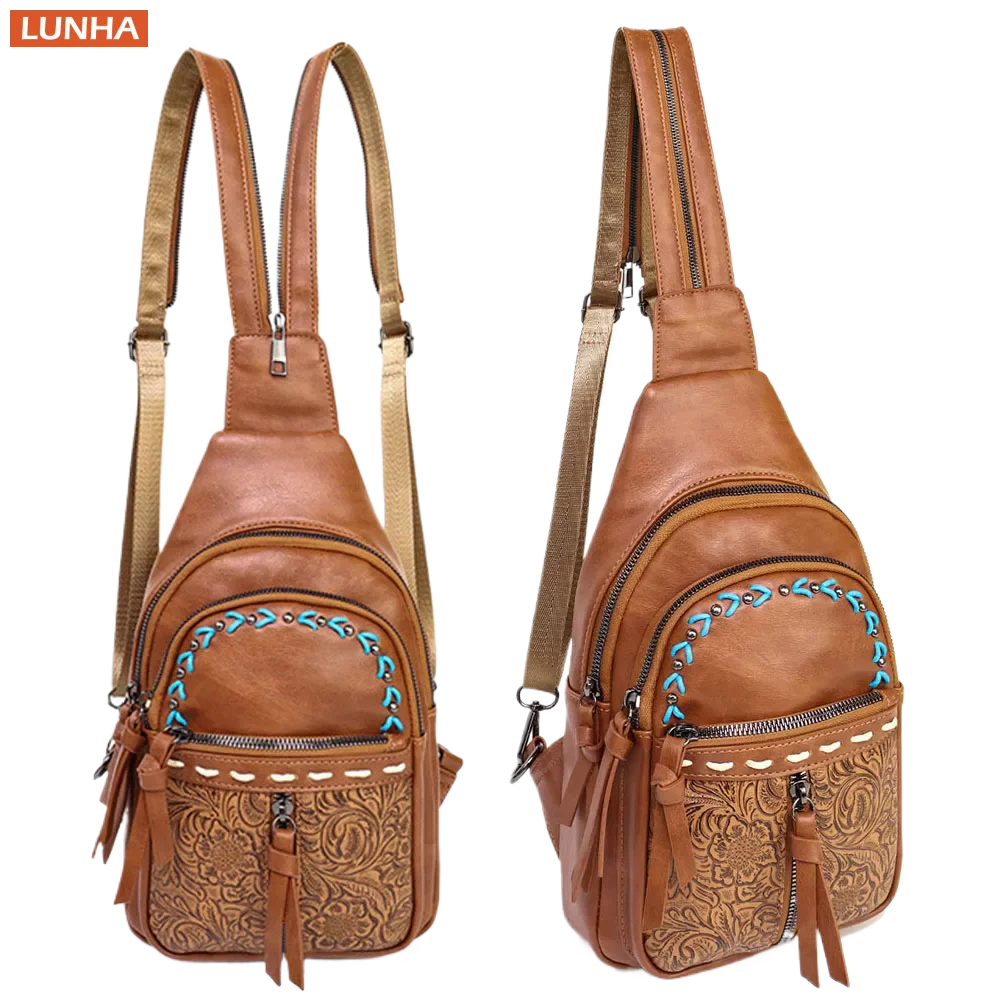 Women Sling Bag 2 in 1 Chest Backpack PU Leather Vintage Embossed Pattern Multi Compartment Lightweight Daypack