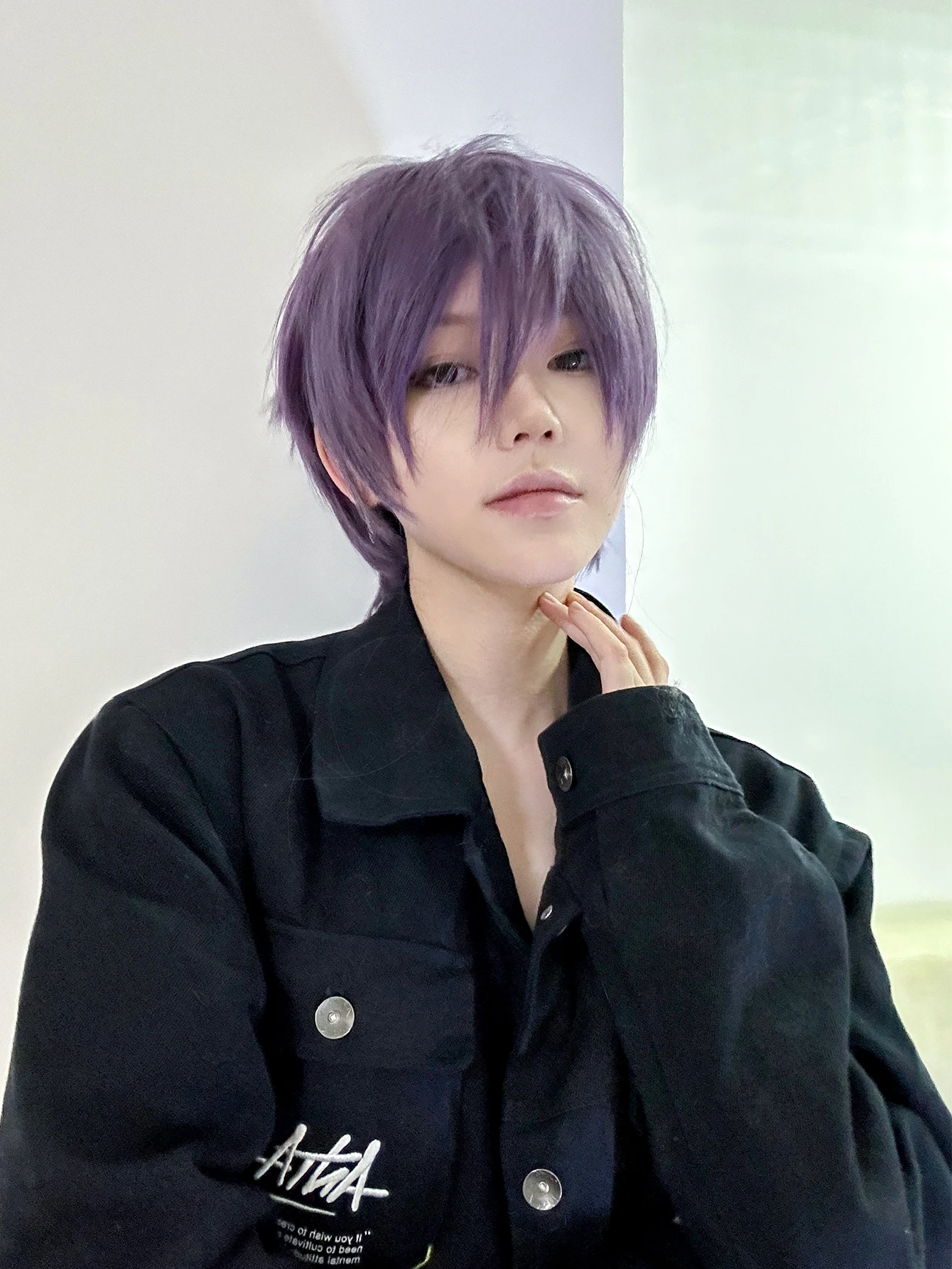 12Inch Purple Handsome Synthetic Wigs With Bang Short Straight Hair Wig For Man or Women Daily Use Cosplay Party Heat Resistant