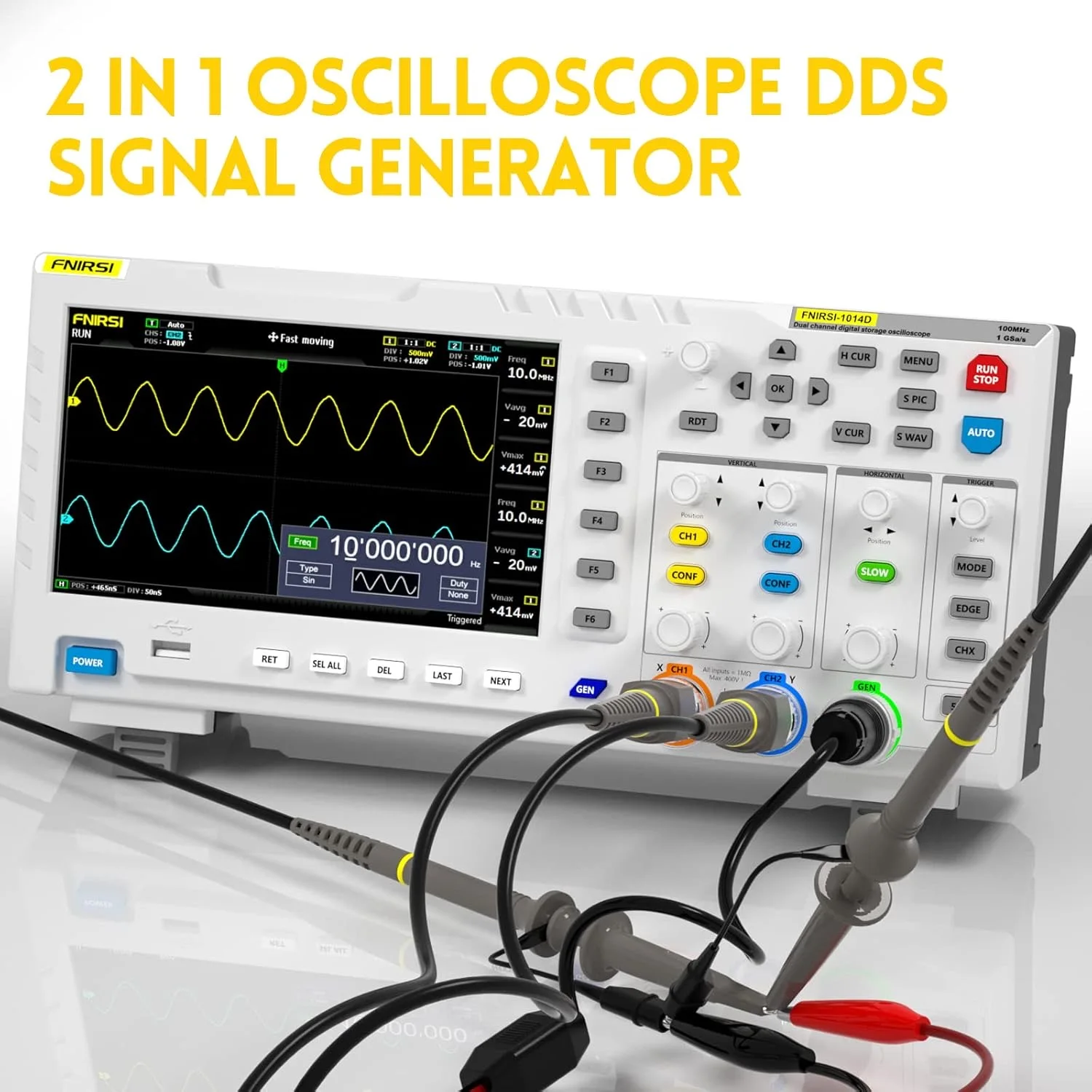 1014D Digital Oscilloscope DDS Signal Generator, 2-in-1 Design, 100X High Voltage Probe, Dual Channel 100MHz Bandwidth, 1GSa/s