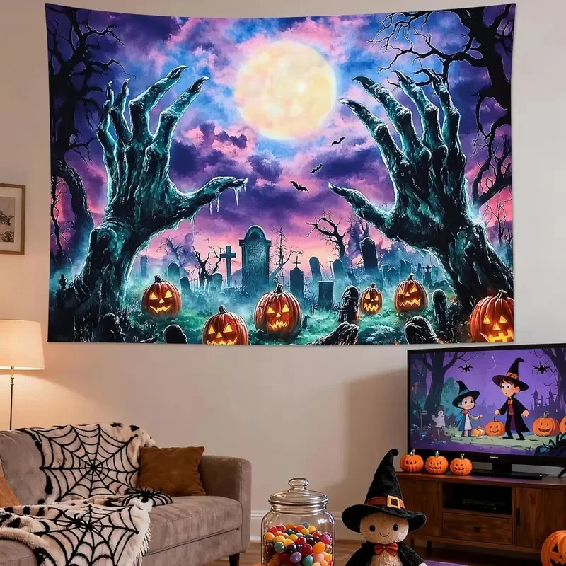 VIKAMA Spooky Halloween Wall Tapestry Watercolor Cemetery Tombstone Bat Twisted Dead Tree Purple Sky Room Background Decor
