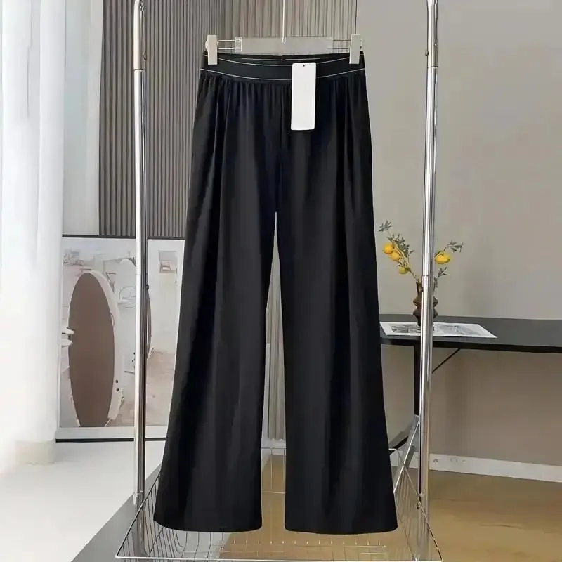 Women High Waist Wide Leg Trousers Contrast Double Stitch Waistband Side Pockets Relaxed Straight Wrinkle Resistant Office