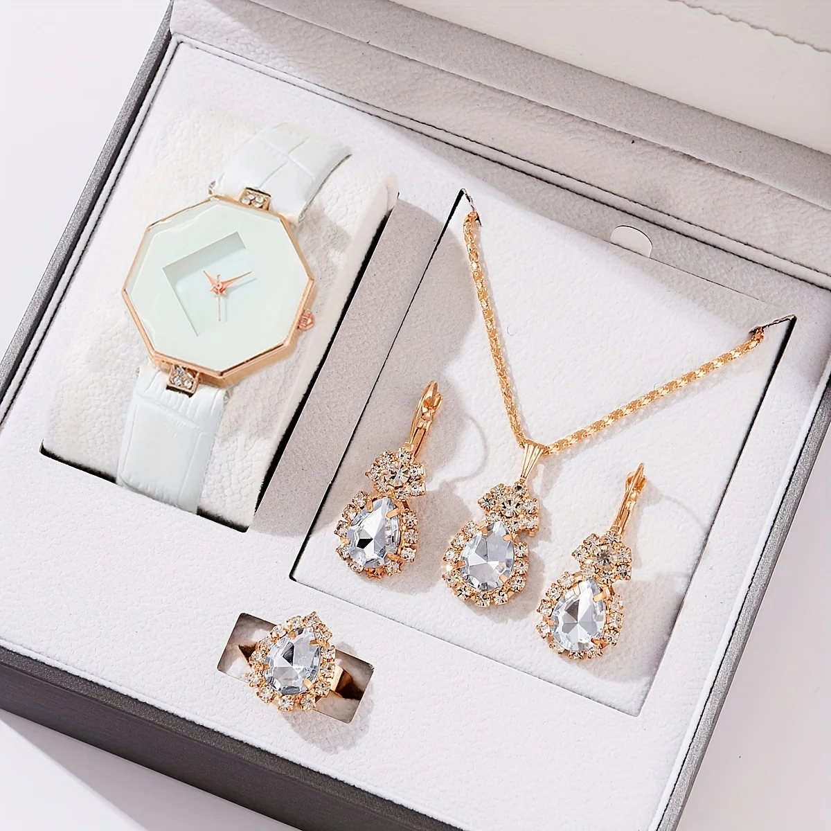 Women\'s Watch Polygon Pointer Quartz Watch Casual Rhinestone Analog Wrist Watch & 4pcs Jewelry Set, Gift For Mom Her