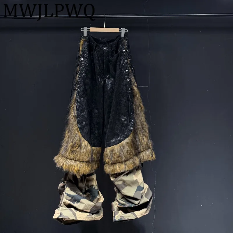 

MWJLPWQ 2025 Новые сверхпрочные расклешенные брюки с плюшевой строчкой, мужские свободные повседневные широкие брюки High Street Chic 12699