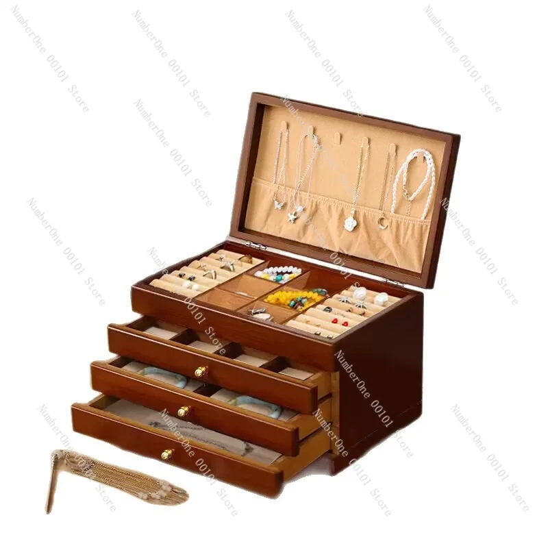 Elegant Solid Wood Jewelry Box Large Capacity Lockable Chinese Classical Organizer for Earrings Ear Studs Necklace Rings