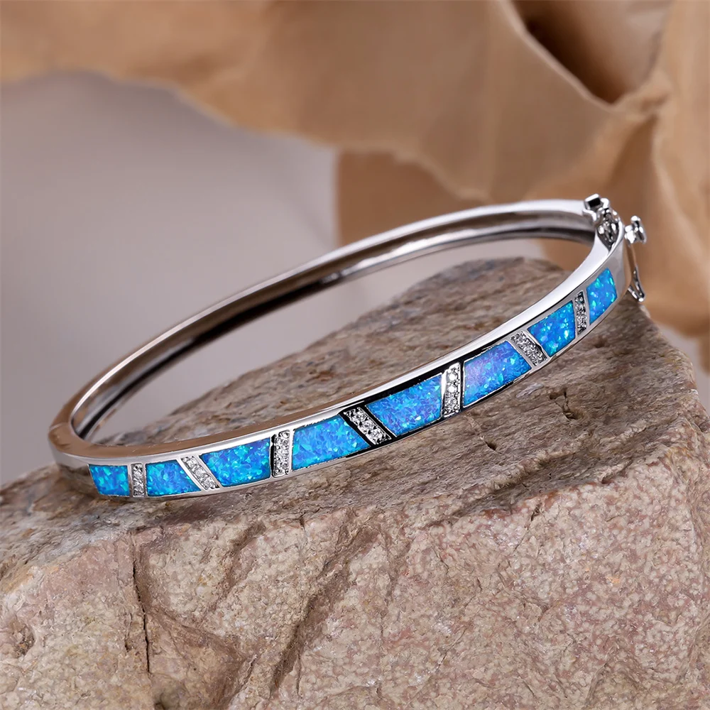 Blue Opal Stone White Zircon Bangle Bracelets For Women Vintage Silver Color Wedding Jewelry Couples Engagement Accessory Gifts