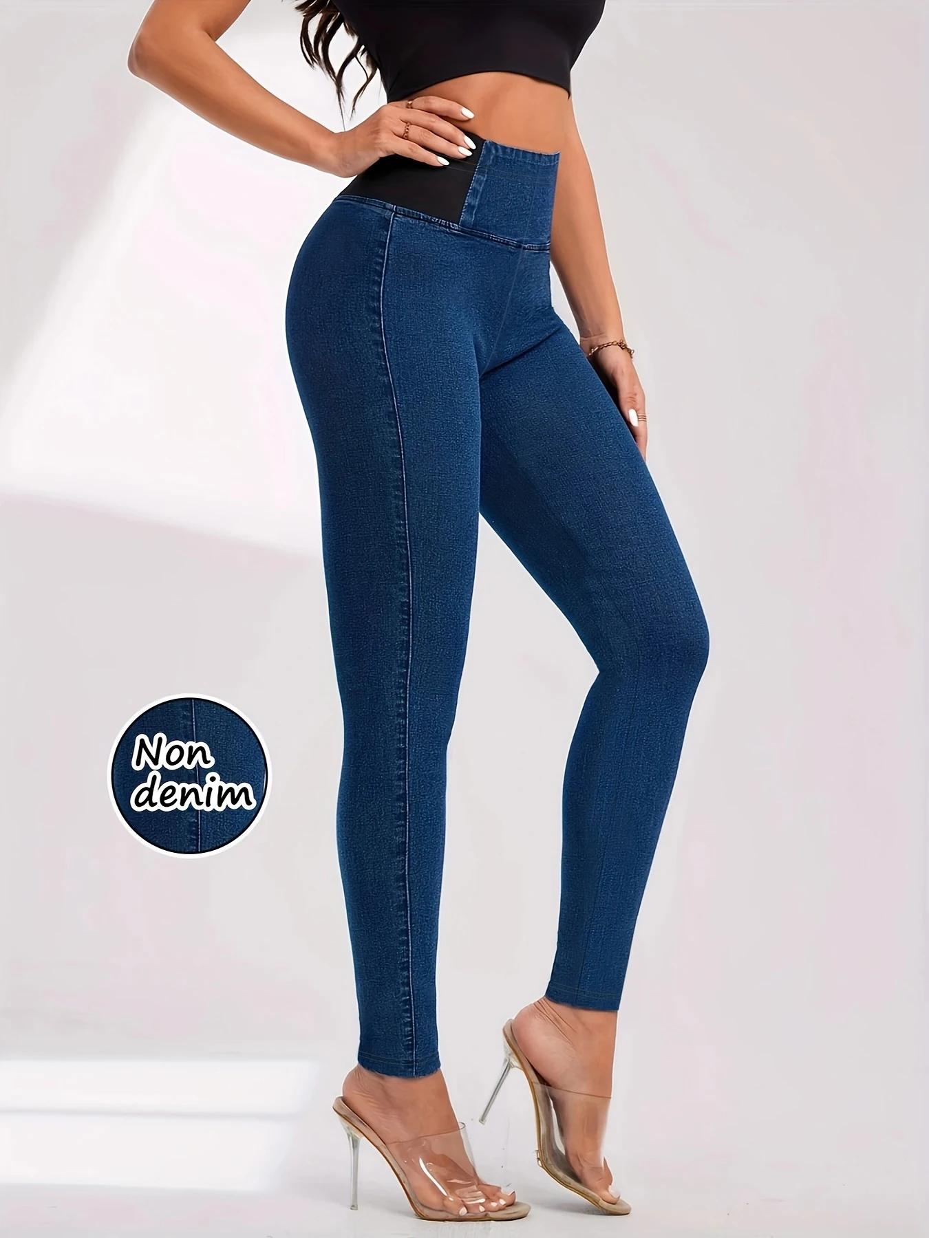 Women Spring Elastic Waist Imitation Denim Slim Stretch Pants Vintage Pencil Non-Denim Leggings Quick Drying Breathable Pants