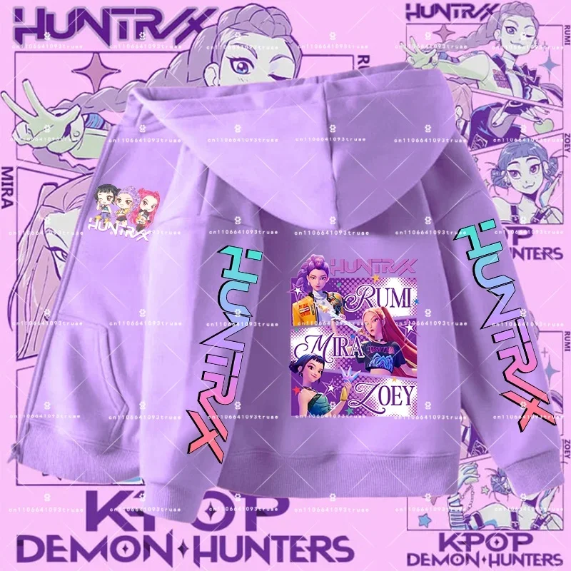 

Модная тонкая фиолетовая осенняя толстовка-куртка KPop Demo N Hun Ters с молнией, с мультяшным принтом девушки, детская аниме-толстовка, подарок