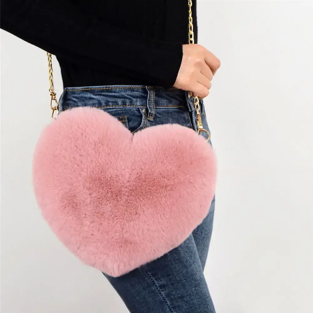 

Fashion Women's Heart Shaped Handbags Cute Kawaii Faux Fur Crossbody Bags Wallet Purse Plush Chain Shoulder Bag Lady Handbag